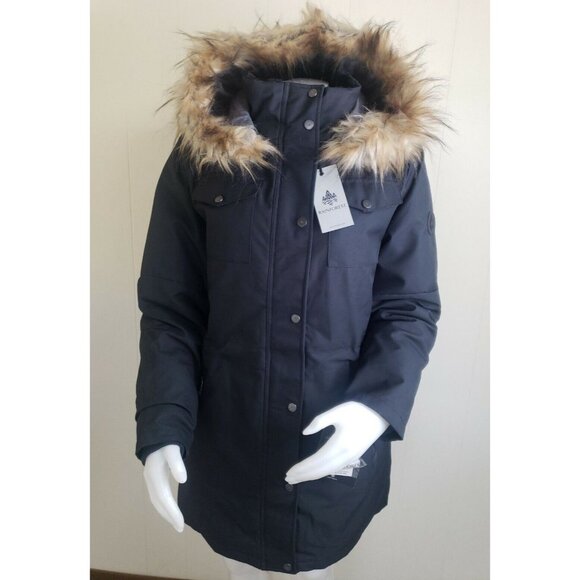 Rainforest Eco Down Hooded Coat Womens Sz L Black Faux Fur Trim Thermoluxe Parka
